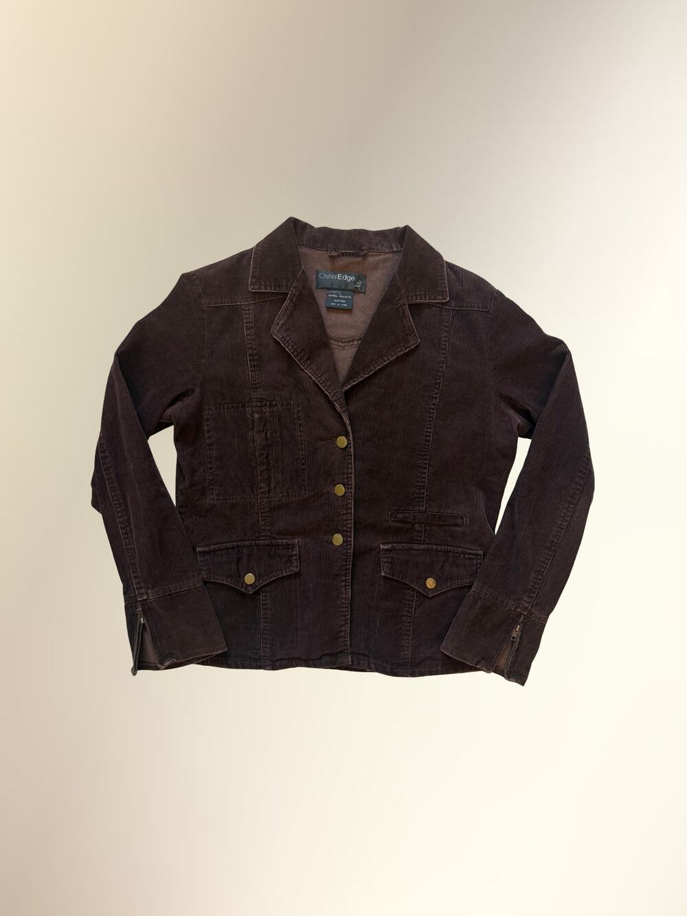 Vintage Outer Edge Chocolate Brown Corduroy Zip Sleeve Button Jacket Women's L